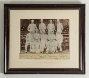 Cambridge University 1884. Early original mono photograph of the Cambridge University team seated and standing in rows wearing cricket attire, caps and blazers. Notable players include the captain, J.E.K. Studd, F. Marchant (Kent), Percy J de Paravicini (