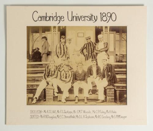 Cambridge University 1890. Early original sepia photograph of the Cambridge University team seated and standing on the pavilion steps wearing cricket attire, caps and blazers. Notable players include the captain, D.L.A. Jephson (Surrey), F.S. Jackson (Yor