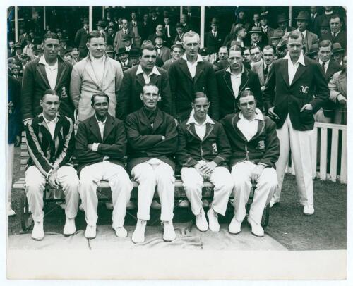 England v New Zealand, The Oval 1931. Mono photograph of the England team, standing and seated in rows wearing various blazers, who played in the 2nd Test match played at the Oval in July1931. Players featured include Jardine, Sutcliffe, Duleepsinhji, All
