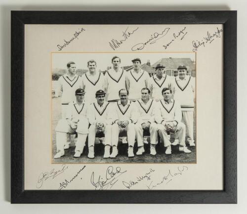 Yorkshire C.C.C. circa 1964. Mono photograph of the Yorkshire team, sitting and standing in row. The photograph mounted, framed and glazed. Signed to the mount by ten of the players featured in later years. Signatures are Close, Illingworth, Taylor, Truem