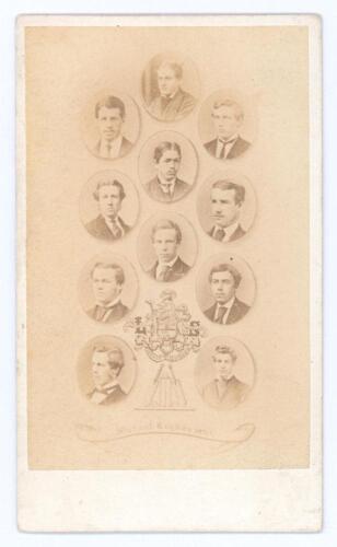 Rugby School cricket team 1868. Small carte de visite of the Rugby cricket XI or a house XI of 1868. The card blank but appears to have been produced by J. Edmonds of High Street, Rugby. Some fading to print otherwise in good condition