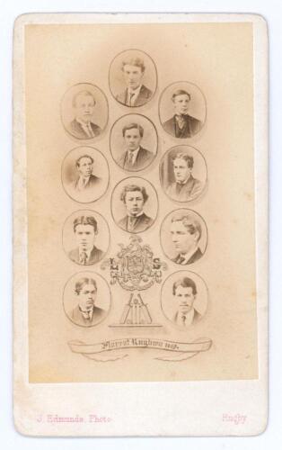 Rugby School cricket team 1869. Small carte de visite of the Rugby cricket XI or a house XI of 1868. The card produced by J. Edmonds of High Street, Rugby with printed details to front and rear of the carte de visite. Good condition