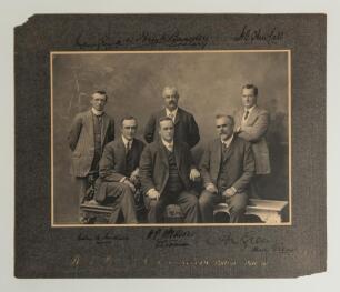 &lsquo;N.S.W.C.A. [New South Wales Cricket Association] Executive 1911-12&rsquo;. Original early mono photograph of the six members of the committee, nicely signed to the upper and lower mount border by all six officers. Signatures are W.P. McElhone (Chairman), Percy