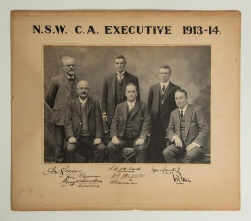 &lsquo;N.S.W.C.A. [New South Wales Cricket Association] Executive 1913-14&rsquo;. Original early mono photograph of the six members of the committee, nicely signed to the upper and lower mount border by all six officers. Signatures are W.P. McElhone (Chairman), Percy
