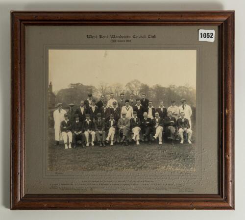 West Kent Wanderers C.C. 1929. Large photograph of the players and officials standing and seated in rows, wearing cricket attire and blazers. The photograph, laid down to official photographers mount with printed title &lsquo;West Kent Wanderers Cricket Club (7