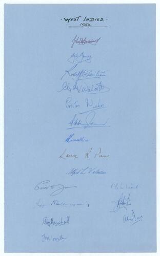 &lsquo;West Indies 1950&rsquo;. Large sheet of blue &lsquo;ledger&rsquo; size paper (9.5&rdquo;x15.5&rdquo;) very nicely and fully signed in ink by all sixteen playing members of the 1950 West Indies touring party to England. Signatures are Goddard (Captain), Gomez, Christiani, Walcott, Wee