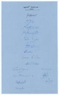 &lsquo;West Indies 1950&rsquo;. Large sheet of blue &lsquo;ledger&rsquo; size paper (9.5&rdquo;x15.5&rdquo;) very nicely and fully signed in ink by all sixteen playing members of the 1950 West Indies touring party to England. Signatures are Goddard (Captain), Gomez, Christiani, Walcott, Wee