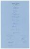 &lsquo;West Indies 1950&rsquo;. Large sheet of blue &lsquo;ledger&rsquo; size paper (9.5&rdquo;x15.5&rdquo;) very nicely and fully signed in ink by all sixteen playing members of the 1950 West Indies touring party to England. Signatures are Goddard (Captain), Gomez, Christiani, Walcott, Wee