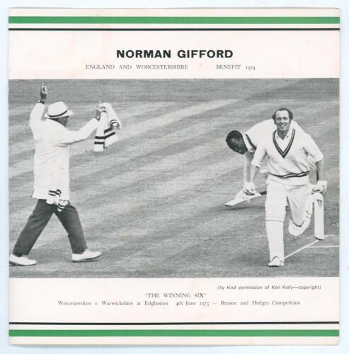 Norman Gifford. Worcestershire, Warwickshire & England 1960-83. &lsquo;Benefit Year&rsquo; 1974. Four page folding card produced to commemorate Gifford&rsquo;s Benefit Year. The front cover features a photograph of Gifford celebrating having hit the winning six in the B&H 