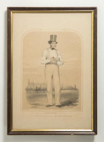 William Hillyer. Kent & All England 1835-1853. &lsquo;Hillyer&rsquo;. Sketches at Lord&rsquo;s No 3. Large original hand coloured tinted lithograph of Hillyer in cricket attire holding a cricket ball, wearing a top hat with large house and other cricketers to the backgroun