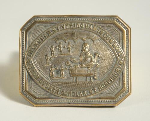 Cricket belt buckle. Uppingham School cricket. Rare cricketer&rsquo;s belt buckle. The brass /gilded metal buckle of rectangular outline with squared corners depicting to centre the founder of the school, Archdeacon Robert Johnson of the Diocese of Peterborough