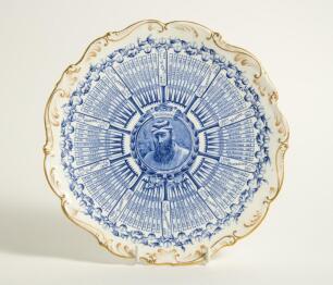 William Gilbert Grace. Original Coalport porcelain plate commemorating W.G. Grace&rsquo;s Century Of Centuries 1895, decorated in the blue with central portrait of Grace and dates of each individual century and who scored against radiating out from the centre. 