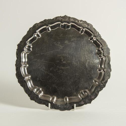 Australian tour of England 1938. Silver plated round salver produced to commemorate the tour, the title engraved to centre &lsquo;Australia 1938 Gt. Britain&rsquo; with image of a kangaroo and surrounding the title are engraved the sixteen signatures of the Australia