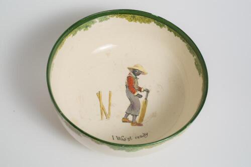 &lsquo;I was&rsquo;nt Ready&rsquo;. A large Royal Doulton &lsquo;Black Boy&rsquo; bone china tall sided bowl, entitled &lsquo;I was&rsquo;nt ready&rsquo; printed inside the bowl with a boy in red shirt, yellow waistcoat and a floppy hat looking glum with his wicket broken behind him. Green floral decor