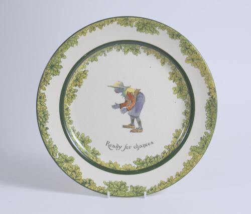 &lsquo;Ready for Chances&rsquo;. A Royal Doulton Black Boy dinner plate, entitled &lsquo;Ready for Chances&rsquo; printed with a boy in red shirt, yellow waistcoat and a floppy hat crouched awaiting a catch (as if in the slips). Green floral decoration to inner and outer rim. 10