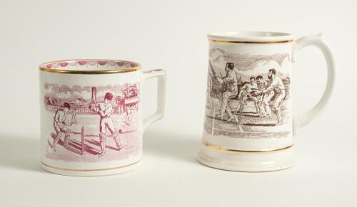 Taunton Cider. Large Wade cider mug decorated with cricket scenes to front and back in red. Produced in 1993 in a limited edition of 500. Reproduced from a 19th century original in the Taunton Cider collection. Sold with a Franklin porcelain ceramic tanka