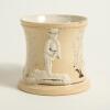Cricket mugs/tankards. Small Staffordshire 3&rdquo; waisted cricket mug with strap handle and beaded rim, with cream background and three raised figures in white of a batsman, bowler and wicket keeper, believed to be Lillywhite, Pilch and Box. c1870. Silver lus - 2