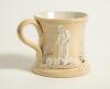 Cricket mugs/tankards. Small Staffordshire 3&rdquo; waisted cricket mug with strap handle and beaded rim, with cream background and three raised figures in white of a batsman, bowler and wicket keeper, believed to be Lillywhite, Pilch and Box. c1870. Silver lus - 3
