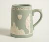 Cricket mugs/tankards. Small Staffordshire 3&rdquo; waisted cricket mug with strap handle and beaded rim, with cream background and three raised figures in white of a batsman, bowler and wicket keeper, believed to be Lillywhite, Pilch and Box. c1870. Silver lus - 4