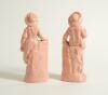 Cricket and Tennis figures. Pair of cricketing and tennis figures in terracotta glaze with originally gold lustre. The boy figure holding a cricket bat to side with ball in hand and the girl a tennis racket and ball. Both wearing hats and stood on natural - 2