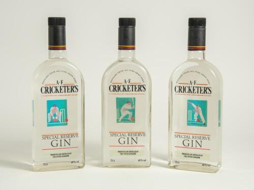 Cricket themed gin. Three bottles of A.F. Cricketer&rsquo;s Special Reserve Gin. 75cl bottles, each with different cricket design, a batsman, a bowler and a wicket-keeper. Two are unopened and full and the other empty. G
