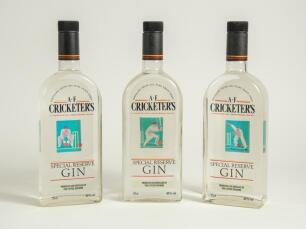 Cricket themed gin. Three bottles of A.F. Cricketer&rsquo;s Special Reserve Gin. 75cl bottles, each with different cricket design, a batsman, a bowler and a wicket-keeper. Two are unopened and full and the other empty. G