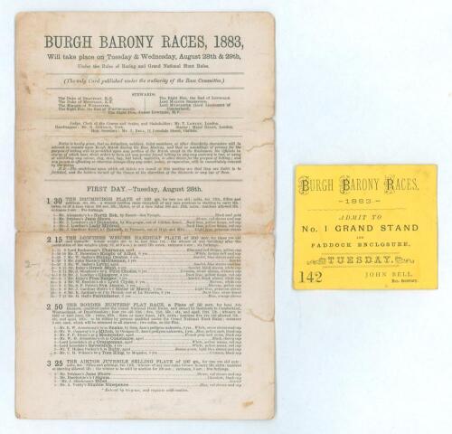 Horse Racing. &lsquo;Burgh Barony Races 1883&rsquo;. Original and early racecard and entry ticket for the meeting held at the racecourse on the Lowther Estate near Penrith on Tuesday and Wednesday 28th and 29th August 1883. The racecard with some wear, age toning, fo