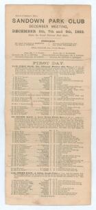 Horse Racing. &lsquo;Sandown Park Club. December Meeting 1883&rsquo;. Original and early racecard for the meeting held at the Surrey racecourse on 6th, 7th and 8th December 1883. The racecard with some wear, age toning and folds otherwise in good condition