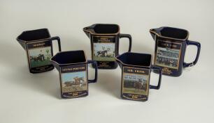 Martell Grand National commemorative water jugs 1989 to 1997. Nice selection of nine jugs for the Grand National winners, &lsquo;Little Polveir&rsquo; 1989 (limited edition of 5000), &lsquo;Mr Frisk&rsquo; 1990 (limited edition of 5000), &lsquo;Seagram&rsquo; 1991 (limited edition of 5000),