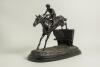 Horse racing. Paul Louis Emile Loiseau-Rousseau, Paris 1861-1927. A fine late 19th century French bronze sculpture of a steeplechase race horse and jockey beautifully captured in full flight while taking a jump over a naturalistically cast hedge on simila