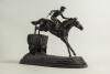 Horse racing. Paul Louis Emile Loiseau-Rousseau, Paris 1861-1927. A fine late 19th century French bronze sculpture of a steeplechase race horse and jockey beautifully captured in full flight while taking a jump over a naturalistically cast hedge on simila - 2