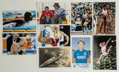 Signed sporting postcards and photographs. A selection of modern cards/ photographs, each signed. Includes a signed official Ipswich Town football player card of Terry Butcher. Seven colour postcard size photographs of Americans, Mark Spitz (swimming), Na