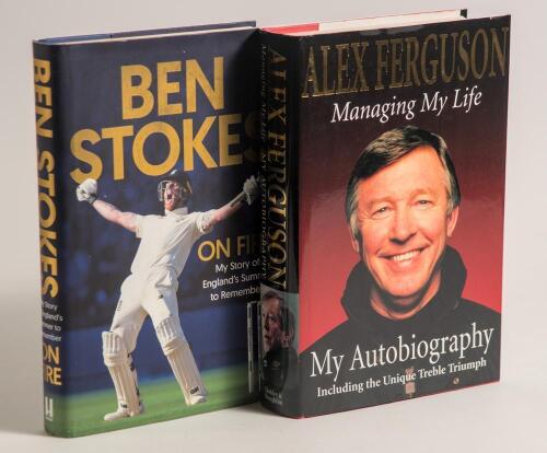 Signed books and sporting ephemera. Eight signed items covering football, cricket and tennis. Two signed hardback autobiographies, &lsquo;Managing My Life&rsquo;, Alec Ferguson 1999 and &lsquo;On Fire&rsquo;, Ben Stokes 2019. Good dustwrappers. Official Fulham F.C. programme for