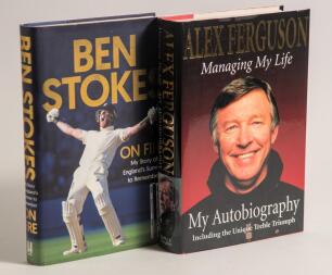 Signed books and sporting ephemera. Eight signed items covering football, cricket and tennis. Two signed hardback autobiographies, &lsquo;Managing My Life&rsquo;, Alec Ferguson 1999 and &lsquo;On Fire&rsquo;, Ben Stokes 2019. Good dustwrappers. Official Fulham F.C. programme for