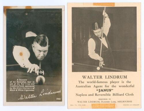 Billiards and snooker. Walter Lindrum. Mono real photograph postcard of Lindrum captioned &lsquo;A Souvenir of my Australian tour in aid of the Red Cross and Comforts Fund, sponsored by the distributors of Black & White Cigarettes 1942&rsquo;. Nicely signed in ink to