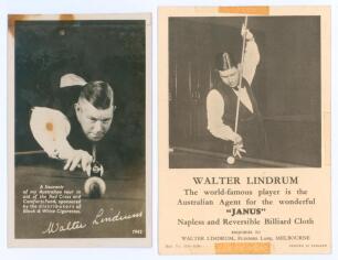 Billiards and snooker. Walter Lindrum. Mono real photograph postcard of Lindrum captioned &lsquo;A Souvenir of my Australian tour in aid of the Red Cross and Comforts Fund, sponsored by the distributors of Black & White Cigarettes 1942&rsquo;. Nicely signed in ink to
