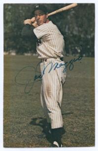 Baseball. Joe Dimaggio. Colour postcard size trade card of Dimaggio in baseball batting stance, nicely signed in blue ink by Dimaggio. TCMA &lsquo;Stars of the 50s&rsquo; series 1982. Minor wear to corners, small adhesive mark to verso, otherwise in very good conditi