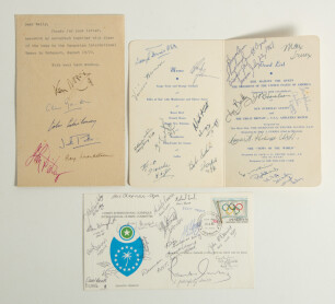 Athletics and Olympics 1955-1984. Three items of ephemera signed by British and International athletes of the period. Contents include a card with typed dedication to top, signed in different coloured inks by six members of the British team for the Hungar