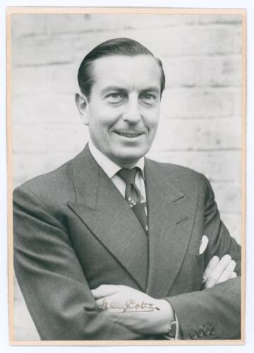 Henry Cotton. Original mono photograph of Cotton, head and shoulders wearing suit and tie. Signed in black ink &lsquo;Henry Cotton&rsquo;. The photograph probably taken in the 1940s. Photographer unknown. 5.5&rdquo;x8&rdquo; laid to trimmed card. Very good condition.
