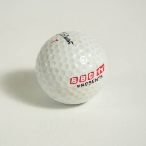 B.B.C. TV golf ball. Titleist golf ball with &lsquo;B.B.C. TV presents&rsquo; printed to it. Presumed to have been used either in the initial introduction or the ending of a golf television programme in the 1970&rsquo;s?. Good condition