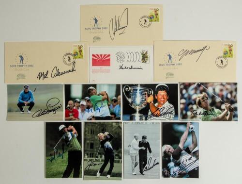 Signed golf cards and covers 1970s-2000s. Seven colour and one mono postcards/ promotional cards, each signed by the featured player. Signatures are Greg Norman, Lee Trevino (two different), Jack Nicklaus, Bernhard Langer, Fred Couples (two different) and