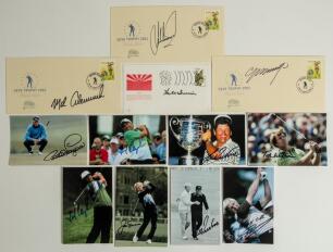 Signed golf cards and covers 1970s-2000s. Seven colour and one mono postcards/ promotional cards, each signed by the featured player. Signatures are Greg Norman, Lee Trevino (two different), Jack Nicklaus, Bernhard Langer, Fred Couples (two different) and