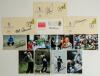 Signed golf cards and covers 1970s-2000s. Seven colour and one mono postcards/ promotional cards, each signed by the featured player. Signatures are Greg Norman, Lee Trevino (two different), Jack Nicklaus, Bernhard Langer, Fred Couples (two different) and