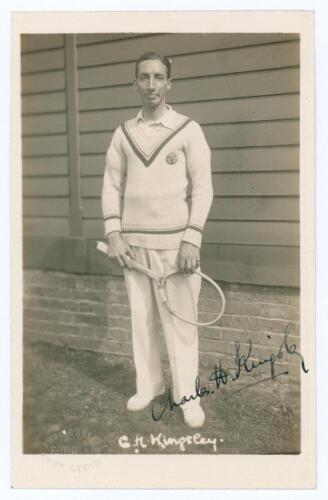 Charles H. Kingsley. 1930s. Sepia real photograph postcard of Kingsley standing full length in tennis attire. Very nicely signed in black ink to the photograph &lsquo;Charles H. Kingsley&rsquo;. Printed title &lsquo;C.H. Kingsley&rsquo; to lower edge. Publisher&rsquo;s blind embossed 