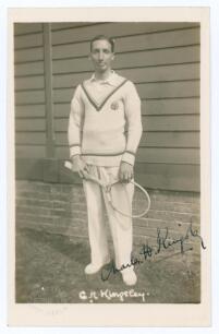 Charles H. Kingsley. 1930s. Sepia real photograph postcard of Kingsley standing full length in tennis attire. Very nicely signed in black ink to the photograph &lsquo;Charles H. Kingsley&rsquo;. Printed title &lsquo;C.H. Kingsley&rsquo; to lower edge. Publisher&rsquo;s blind embossed 