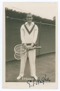 George Patrick &lsquo;Pat&rsquo; Hughes. 1930s. Sepia real photograph postcard of Hughes standing full length in tennis attire. Very nicely signed in black ink to the photograph &lsquo;G.P. Hughes&rsquo;. Printed title to lower edge. Publisher&rsquo;s blind embossed stamp to lower lef