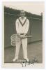 George Patrick &lsquo;Pat&rsquo; Hughes. 1930s. Sepia real photograph postcard of Hughes standing full length in tennis attire. Very nicely signed in black ink to the photograph &lsquo;G.P. Hughes&rsquo;. Printed title to lower edge. Publisher&rsquo;s blind embossed stamp to lower lef