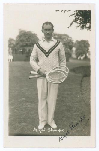 Nigel G. Sharpe. 1930s. Sepia real photograph postcard of Sharpe standing full length in tennis attire. Very nicely signed in black ink to the photograph &lsquo;Nigel Sharpe&rsquo;. Printed title to lower edge. Publisher&rsquo;s blind embossed stamp to lower right corner f