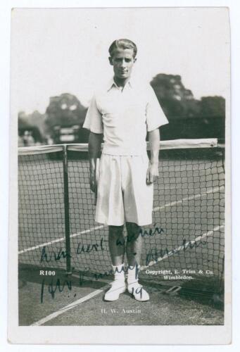 Henry Wilfred &lsquo;Bunny&rsquo; Austin. 1930s. Sepia real photograph postcard of Austin standing full length in tennis attire at the net. Very nicely signed in black ink to the photograph &lsquo;H.W. Bunny Austin&rsquo;. Printed title to lower edge. Published by E. Trim of Wim