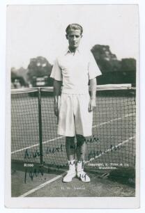 Henry Wilfred &lsquo;Bunny&rsquo; Austin. 1930s. Sepia real photograph postcard of Austin standing full length in tennis attire at the net. Very nicely signed in black ink to the photograph &lsquo;H.W. Bunny Austin&rsquo;. Printed title to lower edge. Published by E. Trim of Wim